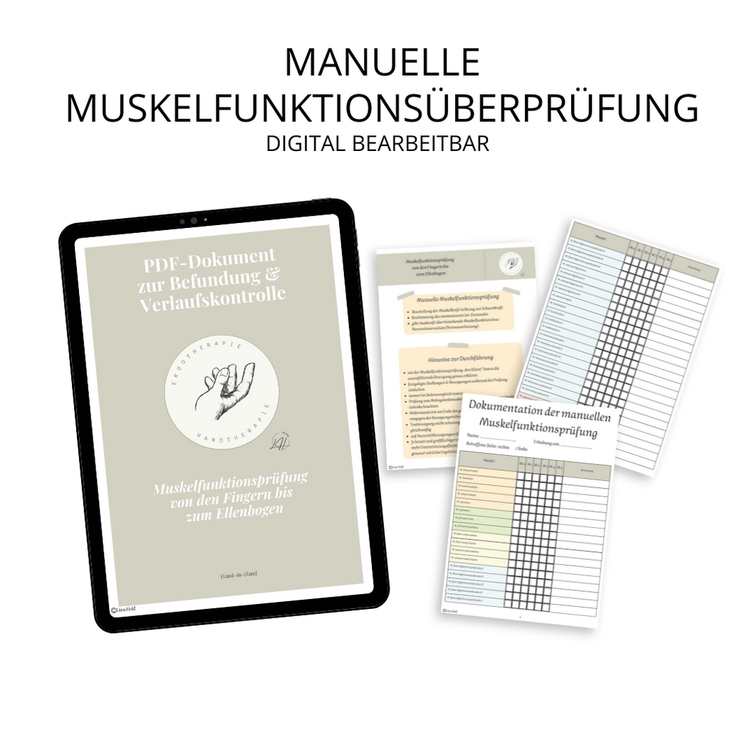 Manuelle Muskelfunktionsprüfung Finger bis Ellbogen mit Formularfeldern (digital bearbeitbar)